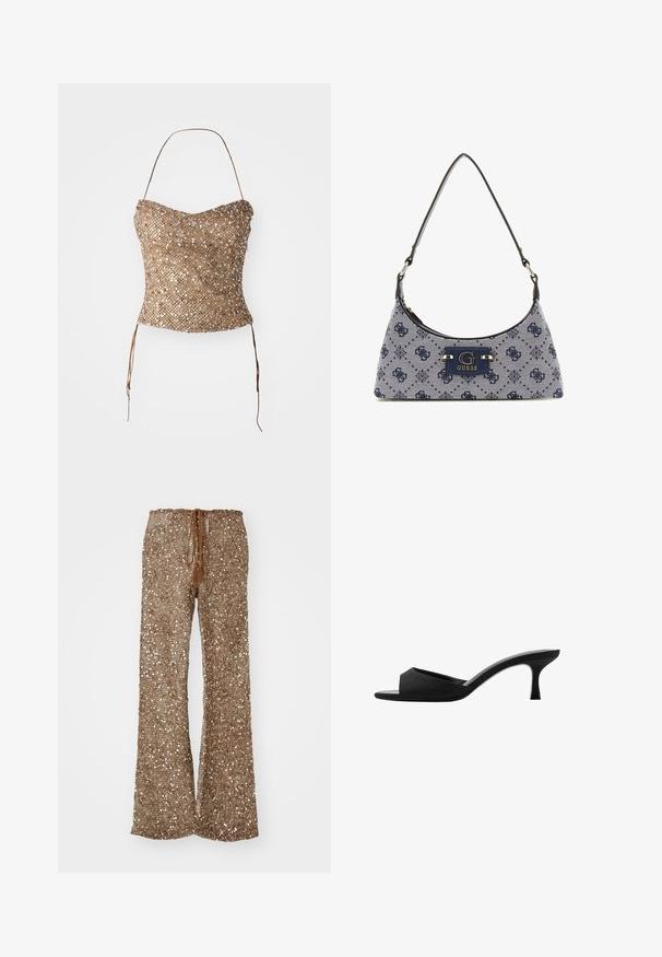 Top senza spalline con treccia in oro, caratterizzato da una superficie texturizzata e paillettata e legature in vita per una vestibilità regolabile. Silhouette liscia e aderente.; Pantaloni a palazzo marroni realizzati in tessuto testurizzato con paillettes argentate, caratterizzati da un cinturino con coulisse e pon pon per la regolazione.; Mule nere con tacco alto, dotate di una punta larga e aperta e di una parte superiore curva. Realizzate in tessuto texture, presentano un tacco sottile e una suola liscia.; Borsa a tracolla in stile hobo in tessuto blu navy con un motivo a diamante, dotata di una placca con logo e di una tracolla liscia. Superficie texturizzata.
