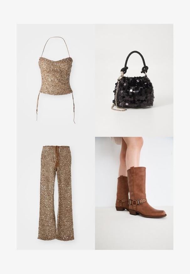 Braided strapless top in gold, featuring a textured, sequined surface and waist ties for adjustable fit. Smooth, fitted silhouette.; Brown flared pants made of textured fabric with silver sequins, featuring a drawstring waistband with tassels for adjustments.; Brown leather ankle boots with a slightly pointed toe, decorative buckles, and a low stacked heel. Smooth texture with a matte finish.; Black sequin mini handbag with a knotted textured strap and silver chain. Rounded shape with gathered top and reflective detailing.