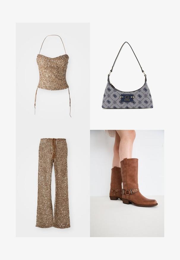 Top sin tirantes trenzado en dorado, con una superficie texturizada y con lentejuelas, y lazos en la cintura para un ajuste ajustable. Silueta lisa y ceñida.; Pantalones acampanados marrones hechos de tejido texturizado con lentejuelas plateadas, que cuentan con una cinturilla ajustable con cordón y borlas.; Botas de tobillo de cuero marrón con una puntera ligeramente puntiaguda, hebillas decorativas y un tacón bajo y apilado. Textura suave con un acabado mate.; Bolso estilo hobo en tela azul marino con un patrón de diamantes, que cuenta con una placa de logo y una correa de hombro suave. Superficie texturizada.