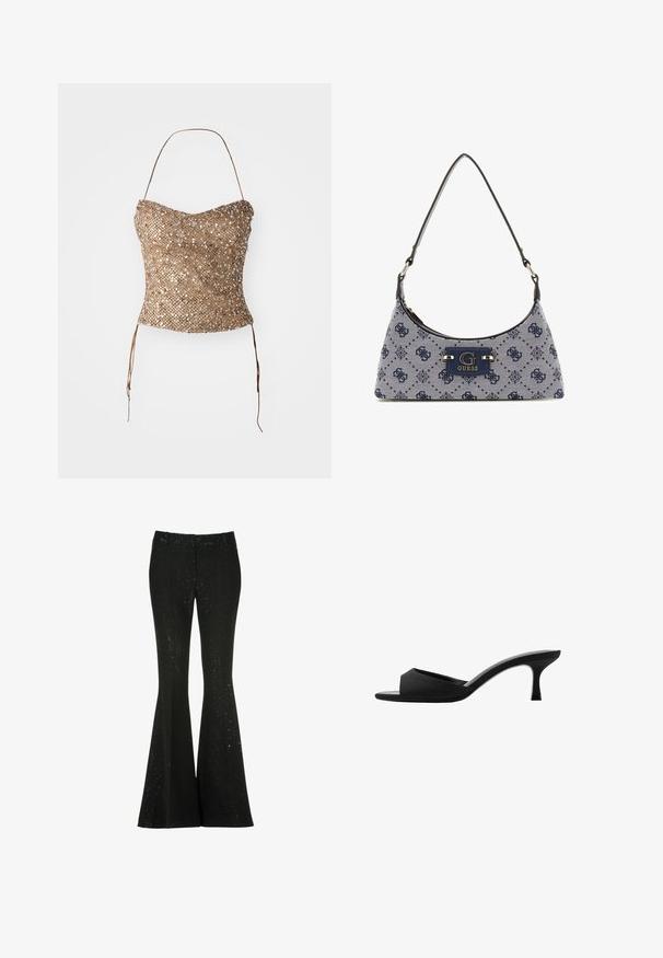 Pleteni brezramni top v zlatoročni barvi, ki se ponaša z teksturirano, okrašeno površino in pasnimi trakovi za prilagodljivo prileganje. Gladek, prilegajoč silhuet.; Črne široke hlače iz teksturiranega materiala, ki imajo bleščeč vzorec, prilegajoč pas in široke noge, ki se razširijo od kolena.; Črne natikače na peto z širokim, odprtim prstom in ukrivljenim zgornjim delom. Narejene iz teksturiranega materiala, imajo vitko peto in gladko podplat.; Torbica v hobos stilu iz temno modrega blaga z diamantnim vzorcem, opremljena z logotipno tablico in gladkim naramnim trakom. Teksturirana površina.