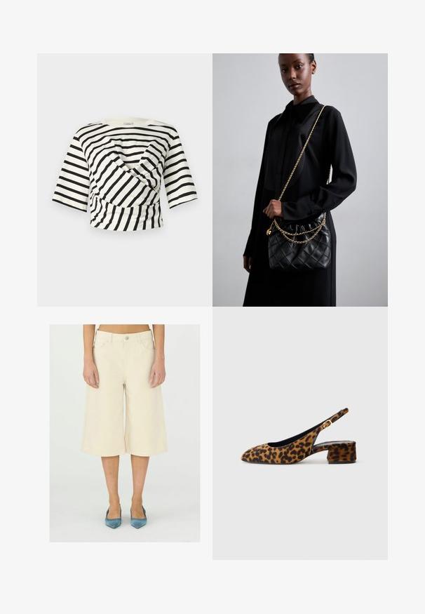 Baum und Pferdgarten JALYA czarny; Beżowe, krótkie spodnie o szerokich nogawkach, wykonane z denimu, z zapięciem na guzik w talii, szlufkami na pasek i przednimi kieszeniami; gładka, jednolita tekstura.; Kobiece buty w panterkę z odkrytymi piętami, z niskim blokowym obcasem i złotą klamrą na bocznym pasku, pokazane w profilu bocznym na jednolitym tle.; Czarna pikowana skórzana torebka z marszczonym topem, złotym łańcuchem oraz prostokątnym kształtem, trzymana na jednolitym tle.