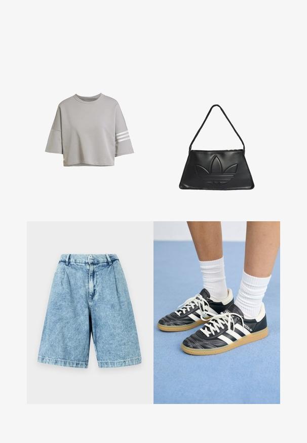 Camiseta gris corta con mangas cortas y anchas, escote redondeado y tres rayas blancas en la manga izquierda. Material suave de mezcla de algodón.; Pantalones cortos de mezclilla azul claro con un corte relajado, que cuentan con una cremallera frontal, lazos para cinturón y una textura sutilmente descolorida. Los bordes rematados completan el diseño.; Zapatillas de cuero negro con rayas blancas, punta redonda, cordones blancos y suela de goma. Destacan por su cuello acolchado y detalles de marca.; Bolso de mano de cuero negro con forma trapezoidal, que presenta un diseño del logo en relieve de Adidas y una delgada correa para el hombro. Cierre con cremallera en la parte superior.