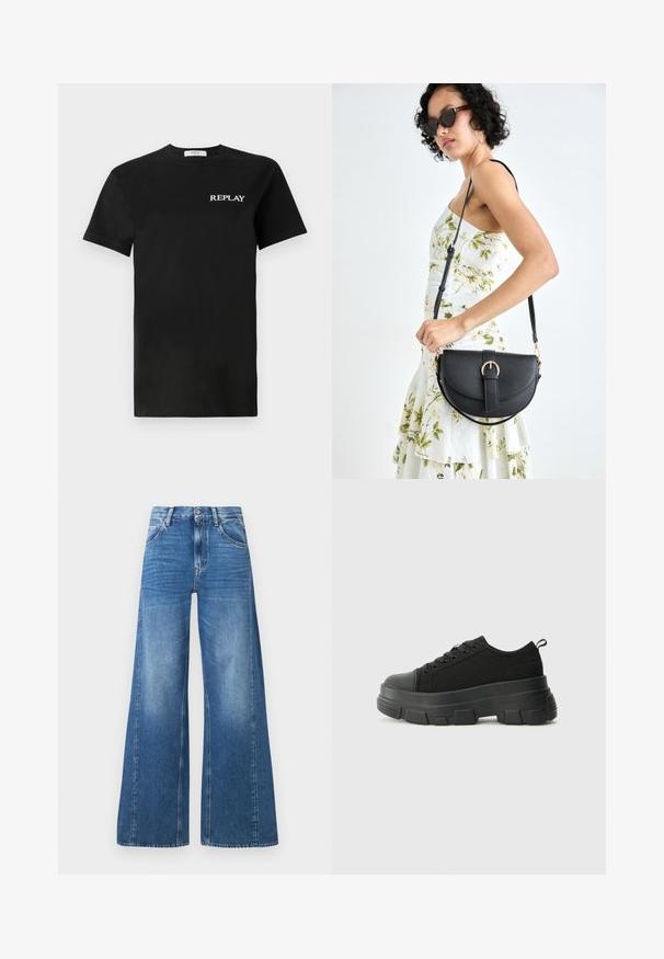 Svart bomullströja med korta ärmar, med en vit "REPLAY"-logotyp på vänster bröst. Klassisk design med rund hals.; Breda blå denimjeans med hög midja, med framfickor och en blekt look, tillverkade av bomull med en mjuk textur.; Svarta sneakers med en kraftig gummisula, texturerad tygöverdel, rund tå och snörning. Har förstärkta öglor och dragflik bak.; Svart läderhandväska med en böjd form, avtagbar rem och guldiga detaljer. Väskan har ett lock med en spänndetalj.