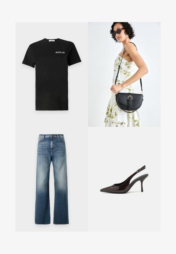 Black cotton t-shirt with short sleeves, featuring a white "REPLAY" logo on the left chest. Classic crew neck design.; Wide-leg blue denim jeans with a faded finish, featuring a button closure and traditional five-pocket design. Smooth texture throughout.; Slingback high-heeled shoe in glossy dark brown patent leather, pointed toe, open sides, and adjustable ankle strap.; Black leather handbag with a curved shape, detachable strap, and gold hardware. The bag features a flap with a buckle detail.