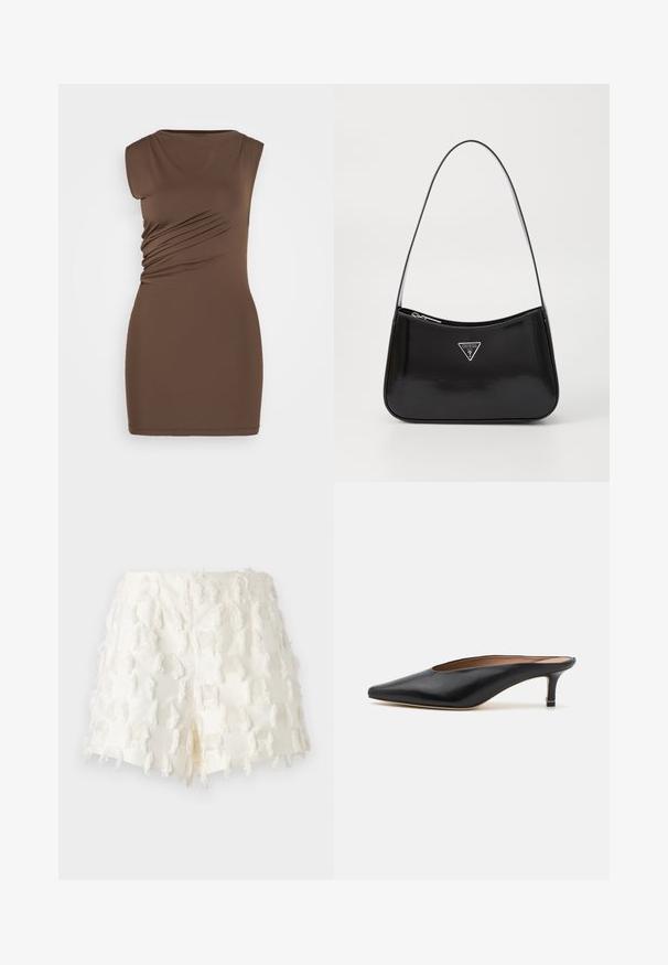 Brown, sleeveless dress with a fitted silhouette. Features side ruching and a smooth, stretchy fabric. Simple round neckline, above-knee length.; White shorts featuring a textured fabric with fringe accents and an intricate grid pattern. The design is high-waisted with a frayed finish.; Black leather mules with a pointed toe and low, block heel. Smooth texture with a sleek design. Open back with minimal detailing.; Black patent leather shoulder bag with a curved shape, featuring a silver triangle logo and a zipper closure. Smooth texture and slim strap.