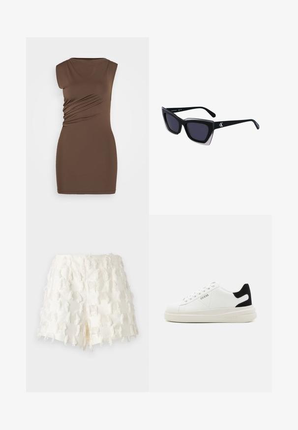 Brązowa sukienka bez rękawów o dopasowanym kroju. Posiada marszczenia po bokach i gładki, elastyczny materiał. Prosty okrągły dekolt, długość powyżej kolan.; Białe szorty z teksturowanej tkaniny z frędzlami i skomplikowanym wzorem w kratę. Krój jest wysoki w talii, z postrzępionym wykończeniem.; Białe skórzane sneakersy z grubą białą podeszwą, czarnym zamszowym akcentem na pięcie oraz wytłoczonym logotypem z boku. Projekt z sznurówkami i sześcioma dziurkami.; Czarne, oversize okulary przeciwsłoneczne o geometrycznym kształcie, z ciemnymi soczewkami i kontrastującym szarym detalem na oprawie. Logo na ramieniu.