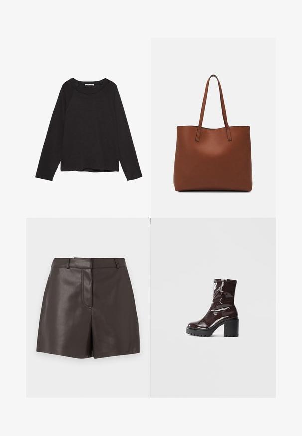 Sort langærmet skjorte med rund halsudskæring, lavet af blødt stof, med raglan ærmer og en lige kant.; Brune lædershorts med en glat tekstur, der har en frontsømm, bæltestropper og to side lommer. Designet til en tætsiddende silhuet.; Glatte burgunder ankelstøvler med en chunky sort hæl, der har en glat tekstur og et simpelt design. Ingen synlige lukninger eller mønstre.; Brun læder tote taske med en glat overflade, åben topdesign og to skulderremme. Har minimal syning og ingen synlig hardware.