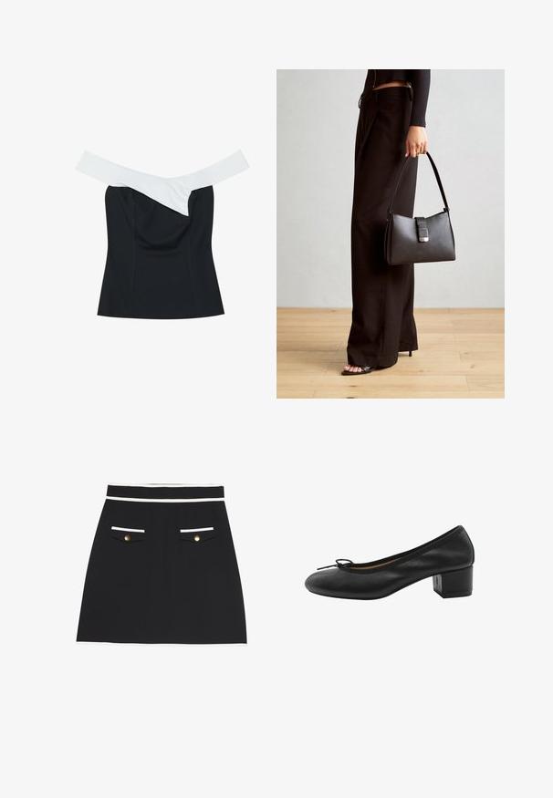 Schwarzes Oberteil mit einem cremefarbenen Band, das am Halsauschnitt entlangläuft, mit enger Passform und glatter Stofftextur.; Schwarzer Rock mit weißem Saum am Bund und Taschen. Verfügt über zwei frontale Taschen mit goldenen Knöpfen. Glatte Gewebestruktur.; Schwarze Lederpumpe mit runder Zehenpartie, kleinem Schleifendetail an der Vorderseite und quadratischem Blockabsatz. Glatte Textur mit minimalen Designelementen.; Schwarze Handtasche mit strukturierter Form, glatter Textur und einem metallischen Verschluss. Kombiniert mit weiten schwarzen Hosen und offenen Sandalen auf einem Holzboden.