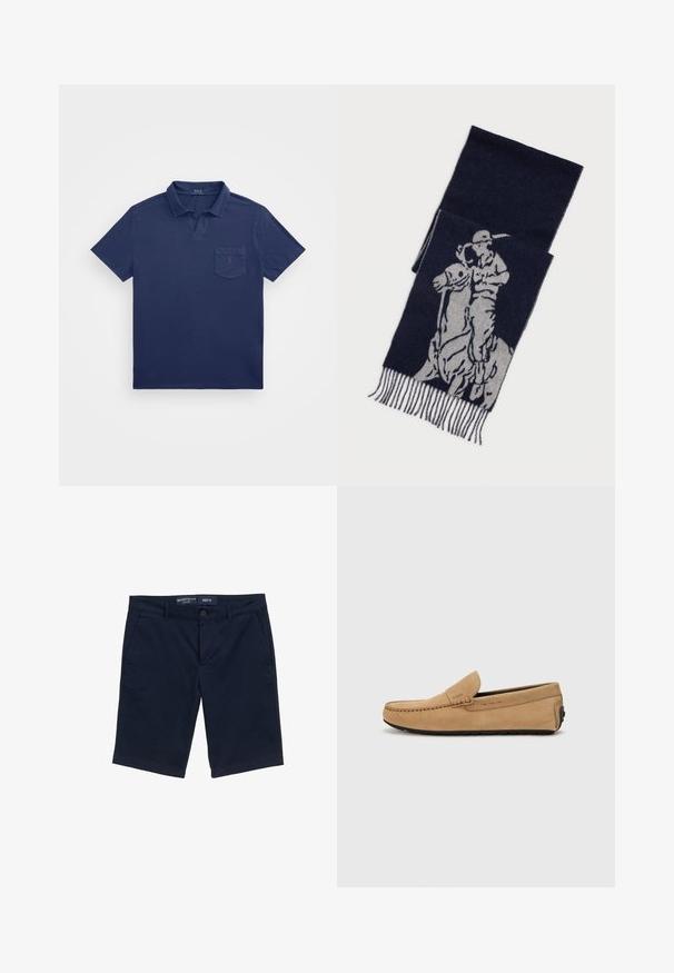 Tums zils polo krekls ar īsu apkakli, krūšu kabatu un izšuvumu. Izgatavots no mīkstas, teksturētas auduma.; Tumši zilie šorti, izgatavoti no kokvilnas maisījuma, ar pogu aizdari, sānu kabatām un taisnu kāju dizainu. Redzama izmēra M etiķete.; Beidzīgas zamšas mokasīni ar izšūtu purngali, pieslīdēšanas dizains un melna gumijas zole. Satur nedaudz pamanāmu zīmolu uz sāna.; Tumši zils šalle ar pelēku grafiku, kurā attēlots polo spēlētājs uz zirga, ar frizētām malām.