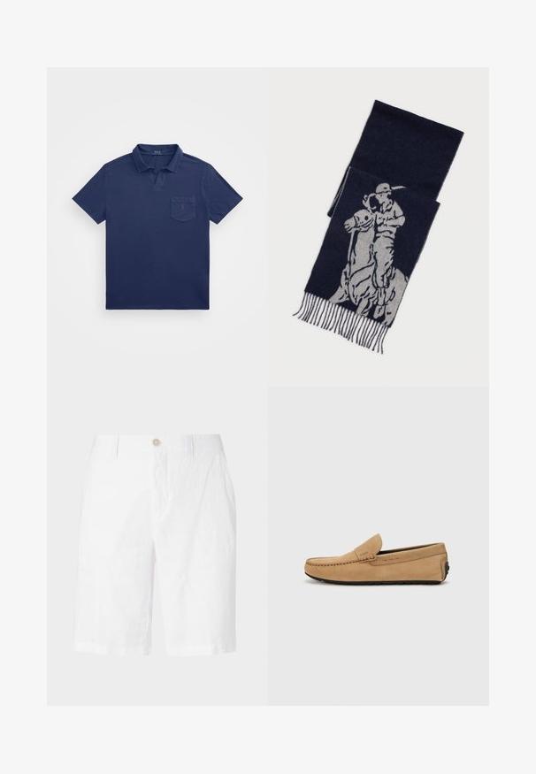 Marineblaue Polo-Shirt mit kurzem Kragen, einer Brusttasche und einem gestickten Logo. Hergestellt aus einem weichen, strukturierten Stoff.; Weiße Leinen-Shorts mit Knopfverschluss, im entspannten Schnitt, gerader Passform und ohne sichtbare Muster oder Akzente. Glatte Textur.; Beige Wildleder-Mokassinschuh mit gestickter Zehenpartie, im Slip-On-Design und schwarzer Gummisohle. Besitzt dezente Markenkennzeichnung an der Seite.; Marineblaue Schal mit grauer Grafik eines Polo Spielers zu Pferd, mit fransigen Kanten.