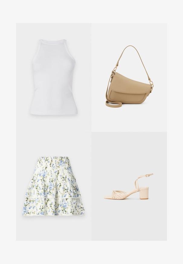 Biely rebrovaný top bez rukávov s priliehavým strihom a okrúhlym výstrihom. Vyrobený z elastického materiálu pre pohodlie a voľnosť pohybu.; Kvetinová sukňa v bielej farbe s modrými a zelenými kvetmi, elastický pás, vrstvený dizajn a čipkový lem na spodnej časti. Ľahký materiál.; Béžové sandále na podpätku s pretiahnutým dizajnom na špičke, členkovým remienkom a blokovým podpätkom. Hladká textura, minimalistický štýl.; Even&Odd Kabelka - beige