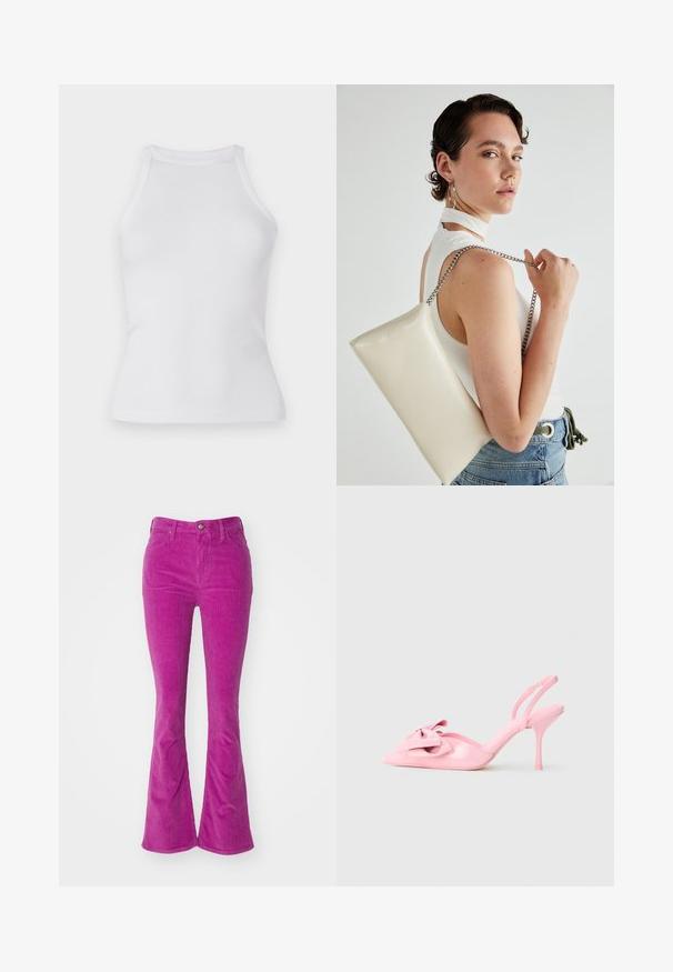 Valge ribadega tank top, millel on sobiv disain, ümmargune kaelus ja ilma varrukateta. Valmistatud venivast kangast, et tagada mugavus ja liikumisvabadus.; Ehked teksad erksas roosas puuvillases õhukeses kangas, millel on viis taskut, nööp sulgemine ja õrn soonik tekstuur üle kogu pinna.; Roosa patendise nahast slingback-kontsadega kingad, millel on terav nina, dekoratiivne pael ees ja õhuke stiletto-kontsa. Sile tekstuur.; Valge ristkülikuline kotti, mis on valmistatud läikivast materjalist, hõbedase ahelsangaga. Mudel poseerib, tutvustades kotti ühtlase taustaga.