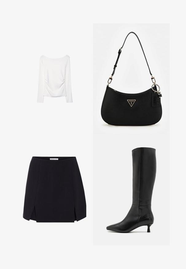 Haut blanc à manches longues avec un large décolleté et un détail froncé à l'arrière. Texture lisse, design ajusté.; Jupe noire en forme de A avec une texture lisse, présentant des fentes latérales et un design épuré et minimaliste. Étiquette visible au niveau de la taille.; Zign Bottes - black; Sac à épaule synthétique noir avec une silhouette courbée, une finition texturée, un logo triangulaire en or et des accents matériels détachables.