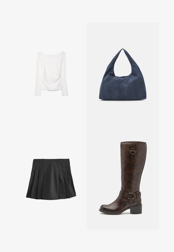 Langærmet hvid bluse med en bred halsudskæring og gather-detalje på ryggen. Glat tekstur, tætsiddende design.; Sort plisseret miniskirt med elastisk talje. Lavet af glat stof, med flere lodrette folder for tekstur og design.; Brune læder knæhøje støvler med en rund tå, dekorativ bæltestrop, cirkulært hardware og en lav blokhæl. Glat tekstur hele vejen igennem.; Mørkeblå denimtaske med en blød, slasket form, der har et hobo-stil håndtag og en struktureret overflade. Ingen synlige metaldele.