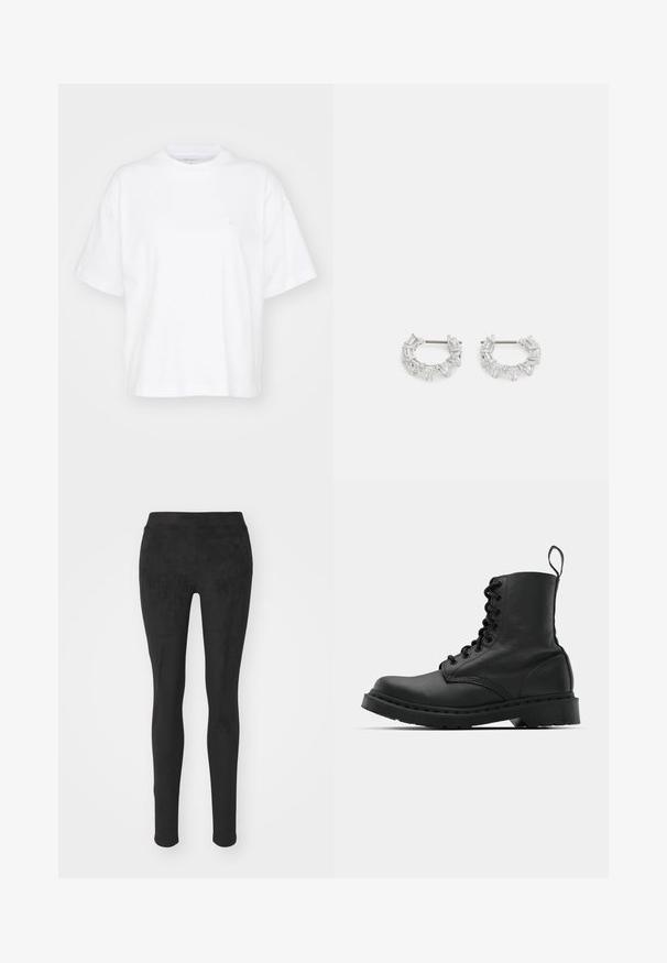 Valge puuvillane t-särk ümmarguse kaelusega, lühikeste varrukatega ja lõdgalt istuv. Vasakul rinnal on peen logo. Sile tekstuur.; Musta retuus pehmest, venivast kangast. Omab kõrget vööd ja sujuvat, mati tekstuuri ilma nähtavate õmbluste või mustriteta.; Mustad mustavi combat kingad ümmarguse varbaga, paeltega esiosa ja säärel tõmbeaas. Omab paksu kummist tallat, mis tagab vastupidavuse.; Hõbedased rõngakõrvarõngad, millel on selged, ristkülikukujulised ja kolmnurkse kujuga kristallid, mis on paigutatud mustriga disaini. Kõrvarõngaid kinnitavad postid, et tagada kindel kinnitamine.