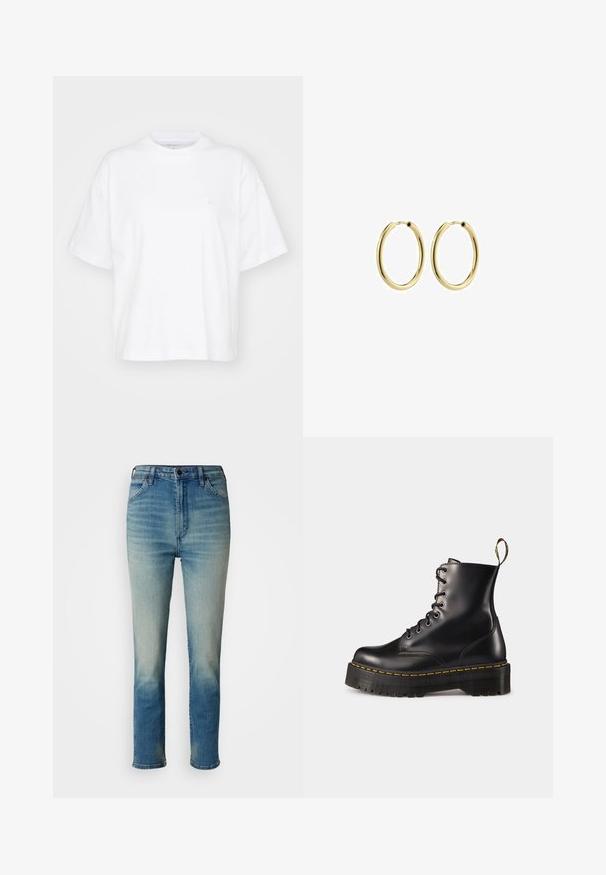 Valge puuvillane t-särk ümmarguse kaelusega, lühikeste varrukatega ja lõdgalt istuv. Vasakul rinnal on peen logo. Sile tekstuur.; Heledad sinised teksad otse lõikega, keskmise tõusuga vöökoht, klassikaline viie tasku disain ja õrn pleekimine jalgadel.; Mustad musta nahast kingad, millel on paks must solk ja kollane õmblus. Tagaküljel on tõmblõng ja ümmargused metallisest silmad.; Kuldmetallist rõngas kõrvarõngad siledapinnaga, ringikujulised ja kindla kinnitusega. Poleeritud pind, ilma nähtavate mustrite või aktsentideta.