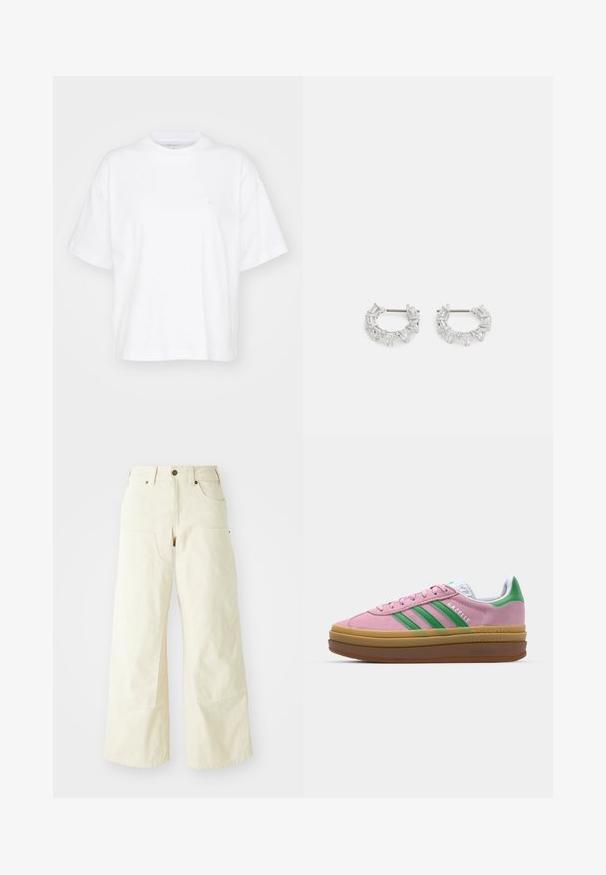 Hvit bomulls t-skjorte med rund hals, korte ermer og en avslappet passform. Har en subtil logo på venstre brystområde. Glatt tekstur.; Beige vide bukser laget av bomull, med høy midje, store frontlommer og en jevn tekstur med minimale sømdetaljer.; Rosa semskede sneakers med grønne striper, hvite detaljer og en brun gummisåle. Har teksturert stoff og logodetaljer på siden.; Sølv hoops øredobber med klare, rektangulære og trekantede krystaller arrangert i et mønsterdesign. Stifter for sikker feste.