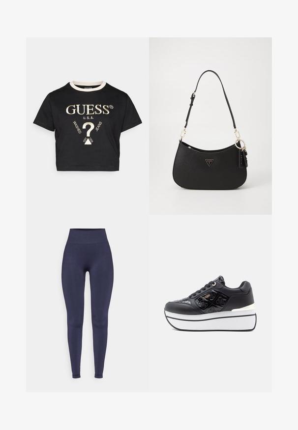 Lyhyt musta t-paita, joka on valmistettu puuvillasta ja jossa on valkoinen ribbireuna. T-paidassa on kultapainatus "GUESS U.S.A." -logosta sekä graafisista yksityiskohdista.; Tummansininen leggingit, joissa on korkea vyötärö, valmistettu sileästä ja joustavasta materiaalista. Sovitusmuotoilu, joka kapenee nilkoissa ilman kuvioita.; Mustat alustallar kengät, joissa on kiiltävä pinta, kohokuvioitu pääkallo-kuvio, hopeiset yksityiskohdat ja valkoinen kumipohja.; Musta synteettinen käsilaukku, jossa on kaareva muoto, kultaiset metalliosat ja kolmio-logo. Varustettu vetoketjusulkeisella ja säädettävällä hihnalla.