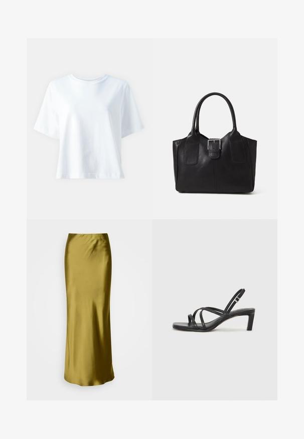 Witte katoenen t-shirt met een ronde hals, korte mouwen, een comfortabele pasvorm en een gladde textuur. Geen patronen of accenten zichtbaar.; Satijnen, olijfgroene, high-waisted rok met een slank, aansluitend ontwerp, taps toelopende vorm en een gladde textuur, bedoeld voor een vloerlange stijl.; Zwarte sandaal met bandjes, vierkante teen en een lage blokhak. Voorzien van meerdere dunne bandjes en een verstelbare enkelband. Gemaakt van zacht leer.; Zwarte leren tote bag met een gladde textuur, gestructureerde vorm, twee handvatten en een opvallend zilveren sluitingdetail aan de voorkant.