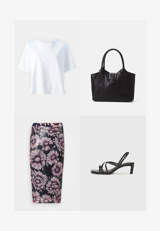 Balts kokvilnas t-krekls ar apaļu izgriezumu, īsām piedurknēm, brīvu piegriezumu un gludu tekstūru. Nav redzami raksti vai akcenti.; Ziedu zīmējums ar melnu pamatu, kas izceļas ar rozā un baltu ziedu rakstiem. Izgatavota no sekvīnu auduma, kas uzsver tekstūru un dizainu.; Melnas strappy sandales ar kvadrātveida purngaliem un zemu bloku papēdi. Ievērojamas ar vairākiem plāniem siksniņām un regulējamu potītes siksniņu. Izgatavotas no gludas ādas.; Melnas ādas somiņa ar gludu tekstūru, strukturētu formu, divām rokturām un izteiktu sudraba sprādzi priekšpusē.