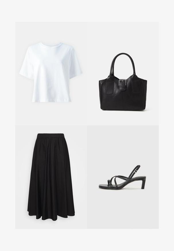 Fehér pamut póló kerek nyakkivágással, rövid ujjakkal, laza szabással és sima felülettel. Nincsenek látható minták vagy díszítések.; Fekete, lengedező midi szoknya, könnyű anyagból, rugalmas derékpánttal, sima felülettel, látható minták vagy díszítések nélkül.; Fekete pántos szandál négyzetes orral és alacsony blokk sarkal. Több vékony pánttal és állítható boka pánttal rendelkezik. Sima bőrből készült.; Fekete bőr bevásárlótáska sima textúrával, strukturált formával, két fogantyúval és egy figyelemfelkeltő ezüst csattal az elején.