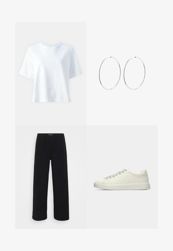 Valge puuvillane T-särk ümmarguse kaelusega, lühikeste varrukatega, lõdva lõikega ja sileda tekstuuriga. Mustrid või aktsendid ei ole nähtavad.; Mustad laiad püksid elastse vöökohtaga. Valmistatud tekstuurilisest materjalist, millel on lõtv istuvus ja sirge lõige puusadest heleni.; Valged madalad nahast tennised, millel on paeltega kinnitamine ja lame kummist tald, esitatud külgvaates üheltoonilisel taustal.; Hõbedased rõngaskõrvarõngad, millel on sujuv, ümmargune disain ja poleeritud viimistlus. Need on õhukesed ja kerged, omades lihtsat klambrit.