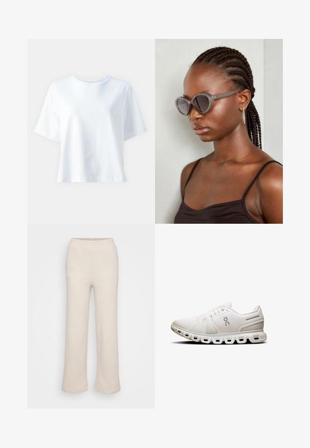 Valge puuvillane T-särk ümmarguse kaelusega, lühikeste varrukatega, lõdva lõikega ja sileda tekstuuriga. Mustrid või aktsendid ei ole nähtavad.; Beežid dressipüksid laia sääre disainiga, valmistatud pehmest materjalist. Omavad elastset vööd ja küljeõmbluste detailimist. Sile tekstuur.; Valge sportlik king, millel on võrgust pealispind, lapikud kingapaelad ja eristuv talla kujundus, millel on jagatud pehmendus ning peened hallid aktsendid.; Hallid ova päikeseprillid ümmarguse kujuga ja tumedate läätsega. Sujuva viimistlusega läikiv plastraam. Mudelil on põimitud juuksed.; Valge nahast käekott kahe käepidemega ja eemaldatava rihmaga, millel on eesmine lukuga tasku ja sile tekstuur. Kandub inimese käe peal.
