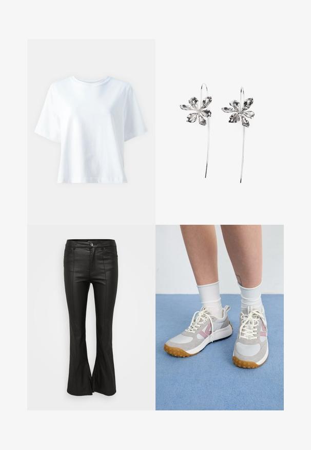 T-shirt bianca in cotone con colletto rotondo, maniche corte, vestibilità comoda e texture liscia. Nessun motivo o accento visibile.; Pantaloni neri a campana con una finitura lucida simile alla pelle, dotati di tasche frontali, chiusura con bottone e fessure laterali all'orlo.; Sneaker grigio chiaro con accenti rosa, pannelli in pelle bianca e suola in gomma testurizzata. I lacci sono color crema e i calzini sono bianchi.; Orecchini argento a forma di fiore con una finitura testurizzata, caratterizzati da ganci lunghi e dettagli a petalo per un design intricato.