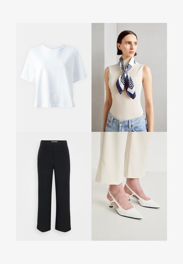 Hvid bomulds t-shirt med rund hals, korte ærmer, afslappet pasform og glat tekstur. Ingen mønstre eller detaljer synlige.; Sorte brede bukser med en glat tekstur, der har en flad talje og sidelommer, designet med en minimalistisk æstetik.; Hvide spidse slingback hæle med en lav blokhæl. Har udskårne sidelapper og en justerbar ankelrem for en sikker pasform.; Silk tørklæde i marineblå og hvid med et geometrisk zigzag-mønster. Glat tekstur, bundet pænt om halsen, som supplerer en ribbet top.