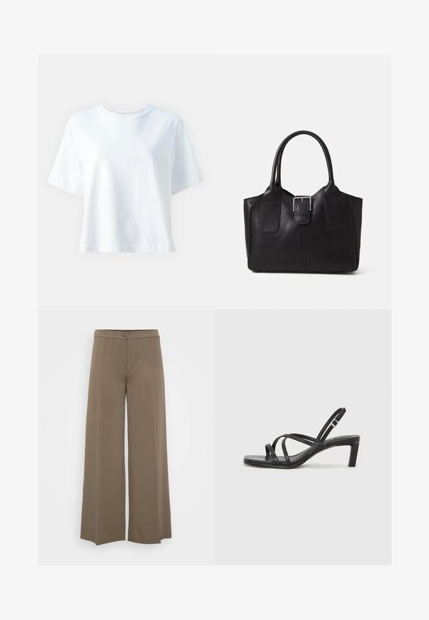 Hvit bomulls t-skjorte med rund hals, korte ermer, løs passform og jevn tekstur. Ingen mønstre eller aksenter synlige.; Vide benedress med ensfarget brun stoff, med knappelukking, flat front og glatt tekstur, designet for en avslappet passform.; Sorte sandaler med stropper, firkantet tå og lav blokk hæl. Har flere tynne stropper og en justerbar ankelstropp. Laget av glatt lær.; Svart skinn toteveske med jevn tekstur, strukturert form, to håndtak og en fremtredende sølvspenne foran.