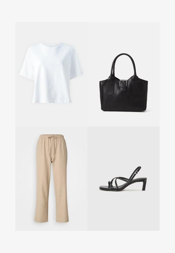 Biała bawełniana koszulka z okrągłym dekoltem, krótkimi rękawami, luźnym krojem i gładką teksturą. Brak widocznych wzorów lub akcentów.; ONLY Petite ONLAMAHLE beżowy; Czarne sandały na obcasie z prostokątnym noskiem i niskim słupkowym obcasem. Posiadają wiele cienkich pasków i regulowany pasek na kostkę. Wykonane z gładkiej skóry.; Czarna skórzana torba tote o gładkiej fakturze, usztywnionym kształcie, dwóch uchwytach oraz wyraźnym srebrnym zapięciu na przodzie.