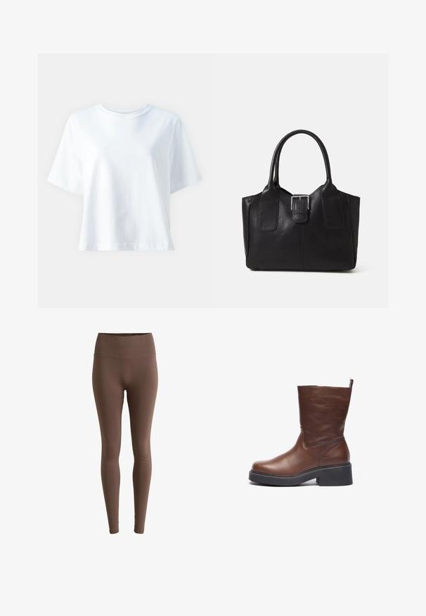 Valge puuvillane T-särk ümmarguse kaelusega, lühikeste varrukatega, lõdva lõikega ja sileda tekstuuriga. Mustrid või aktsendid ei ole nähtavad.; Pruunid retuusid, mis on valmistatud siledast ja venivast kangast, millel on kõrge ribaga vöökoht ja istuv disain üle kogu jalgade.; Pruuni nahkne pahkluu saabas, millel on ümar varvas, jäme must platvorm ja lühike varreosa. Omab tõmbluku lipikut, et oleks mugav selga panna.; Mustgamma nahast kott, millel on sile tekstuur, struktureeritud kuju, kaks käepidet ja esiküljel silmapaistev hõbedane pandla detail.