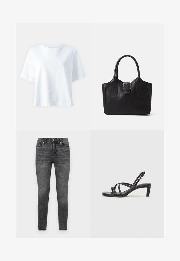 Bijela pamučna majica s okruglim izrezom, kratkim rukavima, opuštenim krojem i glatkom teksturom. Nema vidljivih uzoraka ili naglaskâ.; Crne uske traperice izrađene od denima, s izblijedjelim završetkom, tradicionalnim dizajnom s pet džepova i poderanim rubovima na gležnjevima.; Crne sandale s trakama, kvadratnim prstom i niskom blok petom. Ima više tankih trakica i podesivu trakicu oko gležnja. Izrađene su od glatke kože.; Crna kožna torba za nošenje s glatkom teksturom, strukturiranim oblikom, dvije ručke i istaknutim srebrnim kopčanjem na prednjoj strani.; Srebrna dvostruka prsten s glatkom, poliranom površinom. Karakterizira ga fluidan, zakrivljen dizajn s preklapajućim sekcijama za moderan izgled.