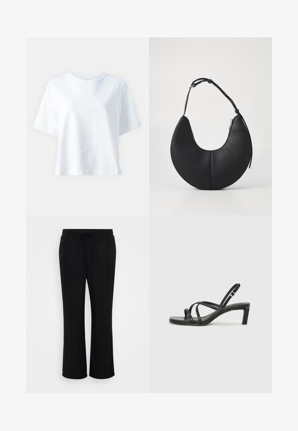 Bela bombažna majica s kratkimi rokavi in krožnim izrezom, sproščenega kroja in gladke teksture. Ni vidnih vzorcev ali dodatkov.; Črne hlače sproščenega kroja, narejene iz mehke tkanine, z elastičnim pasom in vrvico ter širokimi hlačnicami. Brez vidnih vzorcev.; Črne natikače s trakovi in kvadratnim prstom ter nizkim blokastim peto. Imajo več tankih trakov in nastavljiv trak okoli gležnja. Narejene so iz gladkega usnja.; Črna usnjena torbica v obliki polmeseca z gladko teksturo, z enim nastavljivim trakom in z zadrgo na strani.