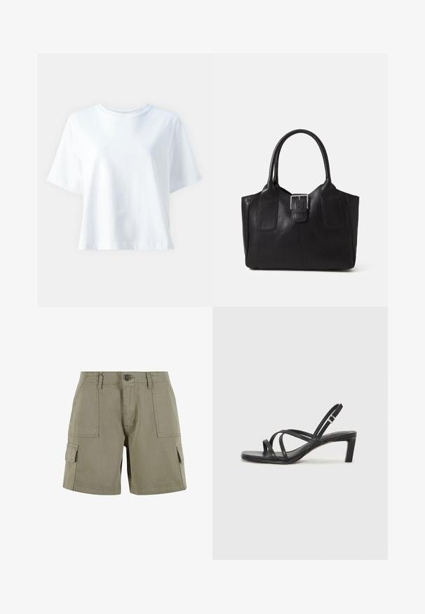 Witte katoenen t-shirt met een ronde hals, korte mouwen, een comfortabele pasvorm en een gladde textuur. Geen patronen of accenten zichtbaar.; Khaki cargoshorts van lichtgewicht katoen met twee zijzakken, een voorknopsluiting en een rechte pasvorm.; Zwarte sandaal met bandjes, vierkante teen en een lage blokhak. Voorzien van meerdere dunne bandjes en een verstelbare enkelband. Gemaakt van zacht leer.; Zwarte leren tote bag met een gladde textuur, gestructureerde vorm, twee handvatten en een opvallend zilveren sluitingdetail aan de voorkant.