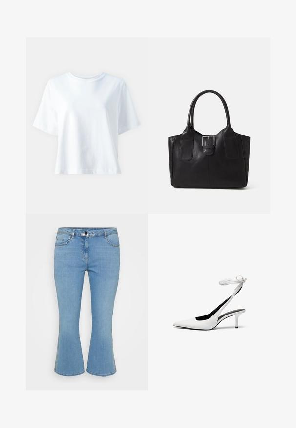 T-shirt de algodão branco com decote redondo, mangas curtas, corte solto e textura suave. Não apresenta padrões ou detalhes visíveis.; Calças de ganga azul claro em forma de sino com um design de cinco bolsos, apresentando um fecho de botão e costura contrastante ao longo das costuras.; Sapatos de salto alto brancos com biqueira fina e tiras de calcanhar. Material de couro liso, salto agulha fino e forro interior preto.; Bolsa tote de couro preta com textura suave, forma estruturada, duas alças e um destaque prateado proeminente na parte da frente.
