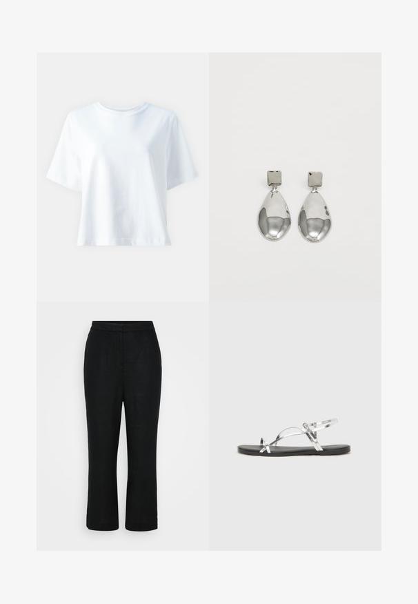 Witte katoenen t-shirt met een ronde hals, korte mouwen, een comfortabele pasvorm en een gladde textuur. Geen patronen of accenten zichtbaar.; Zwarte linnen broek met een rechte snit, middelhoge tailleband en cropped lengte, met een gladde textuur en zonder zichtbare sluitingen.; Zilveren metallic sandalen met een minimalistisch ontwerp, met dunne banden en een zwarte platte zool. Kenmerken zijn de kruisbandsaccenten.; Zilveren druppeloorbellen met een vierkante stud, voorzien van een gladde, gepolijste afwerking en een druppelvorm, die het licht weerspiegelt met een glanzend oppervlak.
