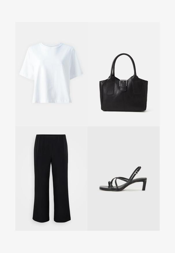 T-shirt de algodão branco com decote redondo, mangas curtas, corte solto e textura suave. Não apresenta padrões ou detalhes visíveis.; Calças largas pretas feitas de um tecido suave com uma cintura elástica. Design simples, sem padrões ou hardware visível.; Sandal de tiras pretas com biqueira quadrada e um pequeno salto bloco. Apresenta várias tiras finas e uma tira no tornozelo ajustável. Feito de couro liso.; Bolsa tote de couro preta com textura suave, forma estruturada, duas alças e um destaque prateado proeminente na parte da frente.