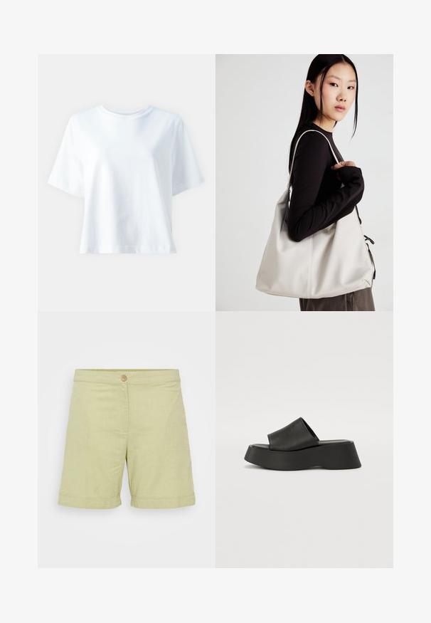 Balta medvilninė marškinė su apvaliu kaklu, trumpomis rankovėmis, laisvu siluetu ir švelnia tekstūra. Žinoma, jokių raštų ar akcentų nematyti.; Šviesiai žali lino šortai su mygtuko uždarymu, lygiu paviršiumi, apviniuotais aptakiais kraštais ir paprasta, tiesia iškirpimo forma.; Juodos platforminės šlepetės su plačiu dirželiu ir masyviu padu. Pagamintos iš lygios medžiagos su matinio paviršiaus apdaila ir be matomų detalių.; Bežinė rankinė, pagaminta iš minkštos medžiagos, turinti laisvą dizainą, siuvinėtas detalės ir dvi petnešos. Tinkama kasdieniam naudojimui.