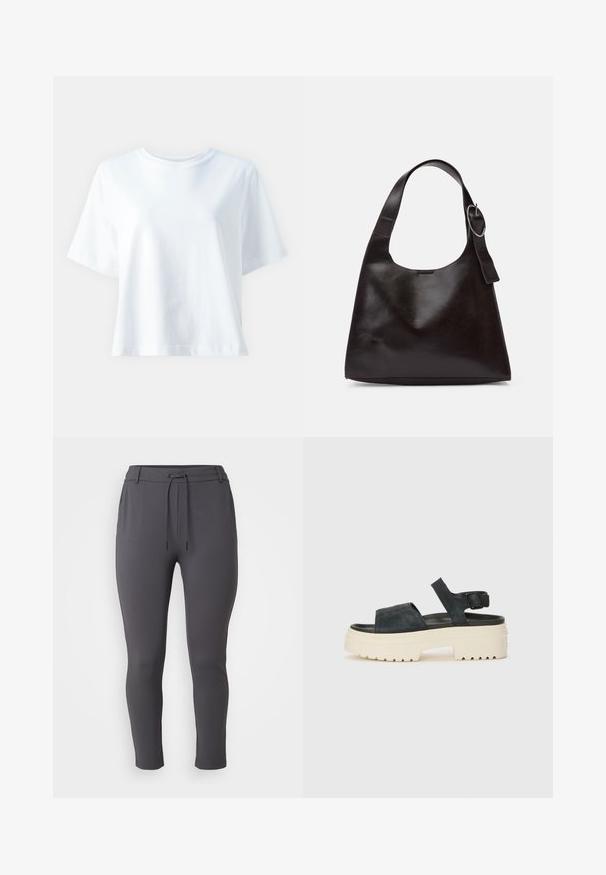 Balts kokvilnas t-krekls ar apaļu izgriezumu, īsām piedurknēm, brīvu piegriezumu un gludu tekstūru. Nav redzami raksti vai akcenti.; Pelēki sporta bikses ar aukliņu viduklī, sašaurināta silueta, gluda tekstūra un potītes garuma dizains.; Melnas zamšādas platformas sandales ar masīvu baltu zoli, plašu priekšējo siksnu un regulējamu potītes sprādzi. Rievojuma zole labākai saķerei.; Brūns ādas plecu soma ar gludu tekstūru, noapaļu formu, platu jostu un apaļu metāla akcentu uz roktura.; Sudraba riņķa auskari ar gludu, apaļu dizainu un pulētu apdari. Tie ir plāni un viegli, ar vienkāršu aizdari.