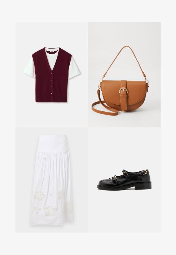 Gilet en tricot bordeaux avec un col en V, manches courtes blanches et devant à boutons. Texture lisse avec un ourlet côtelé et cinq boutons décoratifs.; sandro SKIRT - Jupe longue - ecru; Chaussures en cuir noir avec détails de brogue, dotées de deux sangles à boucle, d'un bout arrondi et d'un talon bas. Texture lisse avec finition brillante.; Sac bandoulière en cuir marron avec une forme incurvée, quincaillerie dorée et un accent en boucle. Comprend une bandoulière détachable.