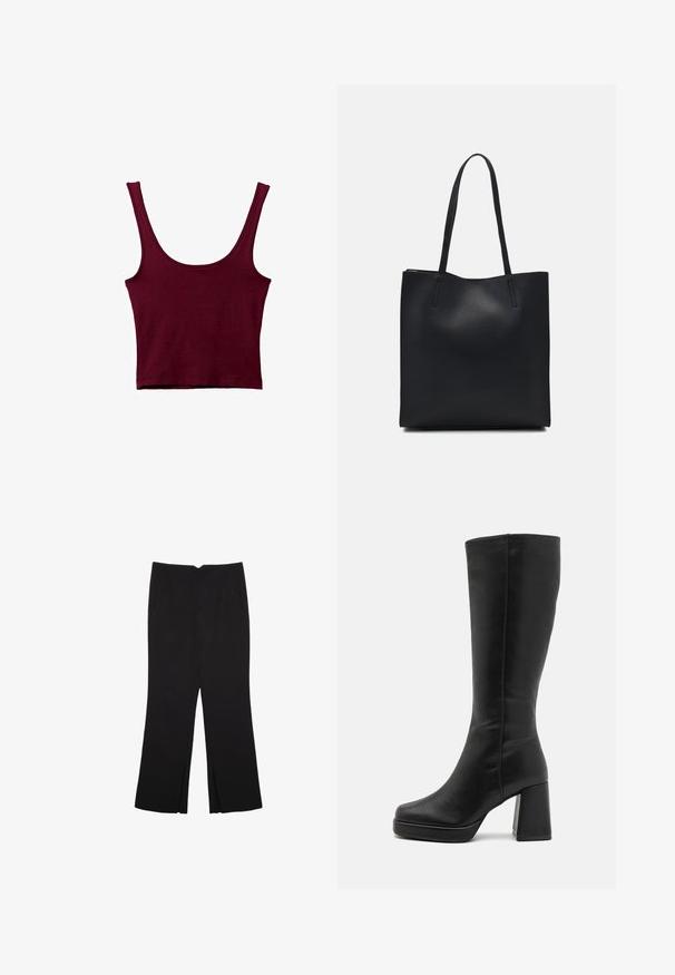 Burgundijska majica bez rukava s širokim naramenicama, okruglim izrezom i prilagođenim siluetom. Izrađena od mekog, rastezljivog materijala s glatkom teksturom.; Crne hlače ravnog kroja, s prednjim džepovima i bočnim prorezima na rubu. Izrađene od mekog i glatkog materijala. Pogodne za razne prigode.; Anna Field Čizme s visokom petom - black; Crna kožna torba za nošenje s glatkom teksturom, pravokutnim oblikom i dvije duge ručke. Nema vidljivih metalnih dijelova ili ukrasa.