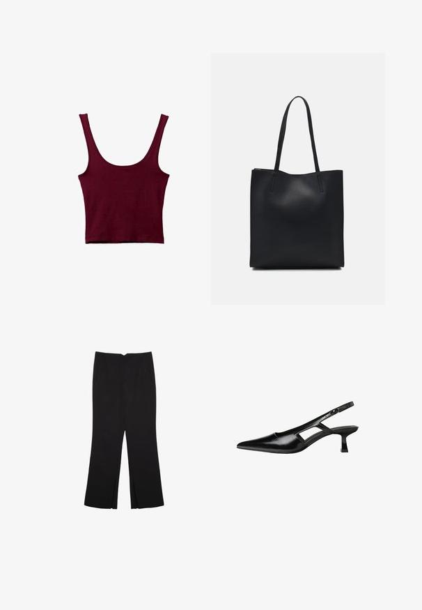 Top in borgogna con spalline larghe, scollatura a girocollo e silhouette attillata. Realizzato in un materiale morbido e elasticizzato con una superficie liscia.; Pantaloni neri a gamba dritta, con tasche frontali e spacchi laterali all'orlo. Realizzati in tessuto morbido e liscio. Adatti a diverse occasioni.; Tacchi slingback in pelle verniciata nera con punta affusolata, design con tagli laterali e tacco quadrato piccolo. Texture liscia con dettagli minimi.; Borsa tote in pelle nera con texture liscia, forma rettangolare e due manici lunghi. Nessun hardware o decorazione visibile.