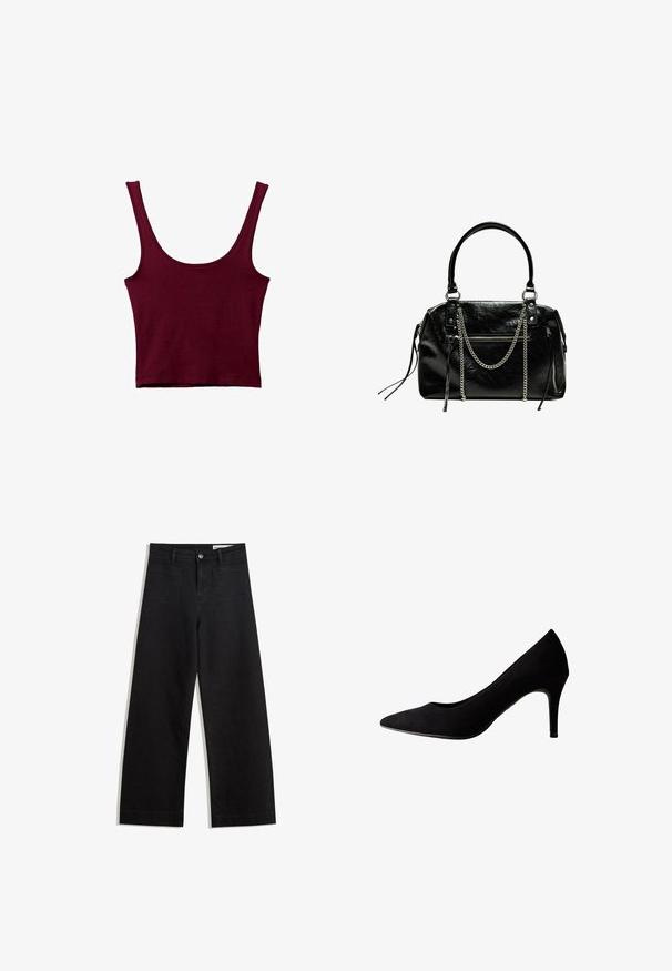 Burgundowy top na ramiączkach z szerokimi paskami, okrągłym dekoltem i dopasowanym krojem. Wykonany z miękkiego, elastycznego materiału o gładkiej fakturze.; Czarne dżinsowe spodnie o szerokich nogawkach i wysokim stanie, z przednimi i tylnymi kieszeniami, przeszyciami oraz zapięciem na guziki. Gładka struktura.; Czarne zamszowe szpilki z ostro zakończonym noskiem i smukłym obcasem. Gładka faktura bez widocznych wzorów czy akcentów.; Bershka - Torebka