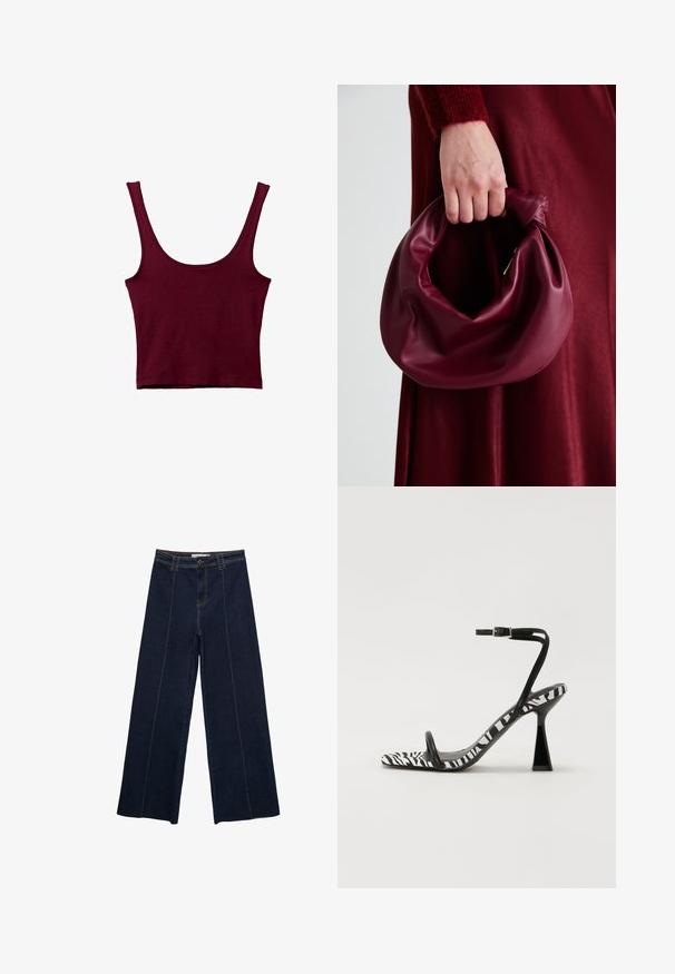 Burgundy linne med breda axelband, en rundad halsringning och en figurnära silhuett. Tillverkat av mjukt, stretchigt material med en slät yta.; Bredd-leg mörk denimbyxor med kontrastsöm, hög midja och rak passform. Har framfickor och en klassisk knappstängning.; Svart och vit zebra-mönstrad högklackad sandal med öppen tå, smal ankelsnodd och geometrisk blockklack. Slät textur.; Burgundy läderhandväska med en mjuk, samlad design och rundad form. Handtaget är säkrat och visar en slät yta.