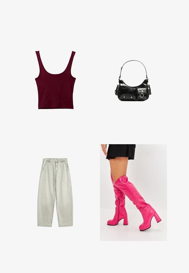 Burgundi kaulausipaita leveillä hihnoilla, avaralla kaula-aukoilla ja vartaloa myötäilevällä siluetilla. Valmistettu pehmeästä, joustavasta materiaalista, jolla on sileä pinta.; Vaaleanharmaat farkut, joissa on korkea vyötärö, etupainike ja vetoketju, vinot sivutaskut ja leveät suorat lahkeet.; Vaaleanpunaiset ylipolvensaappaat, jotka on valmistettu sileästä nahasta, paksu korko ja sivuvetoketju, ja joissa on taitettu yläosa lisädesign-tyylitykselle.; Mustekko mustasta kiiltonahasta valmistettu käsilaukku, jossa on kaareva muoto, yksi olkahihna, etutaskut ja hopeanväriset yksityiskohdat.