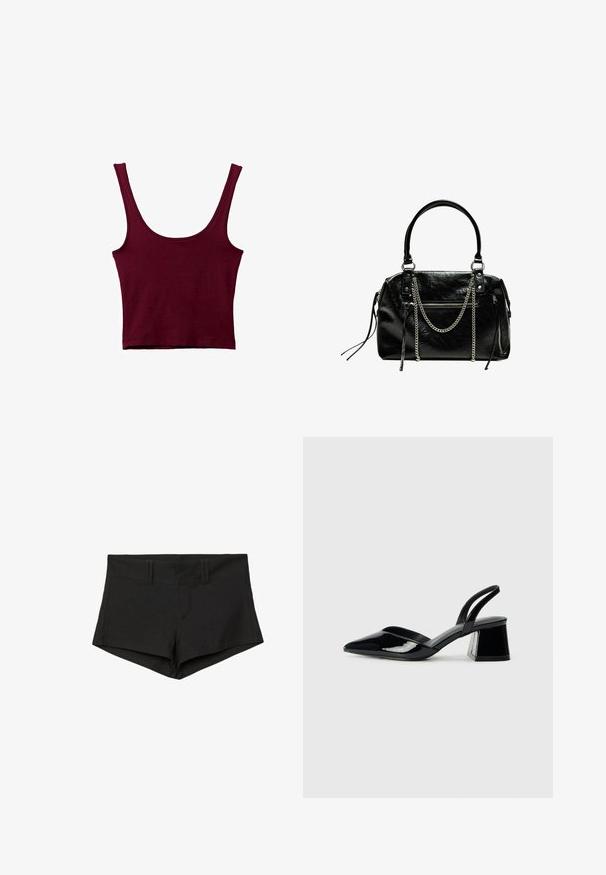 Top in borgogna con spalline larghe, scollatura a girocollo e silhouette attillata. Realizzato in un materiale morbido e elasticizzato con una superficie liscia.; Shorts neri in cotone con un design aderente, dotati di una vita alta e tasche laterali. Il tessuto ha una consistenza liscia e cuciture minime.; Décolleté in vernice nera con punta affusolata e tacco in geometria cubica. Presentano un design elegante e minimalista, con una texture liscia.; Bershka WITH CHAIN - Borsa a mano - black