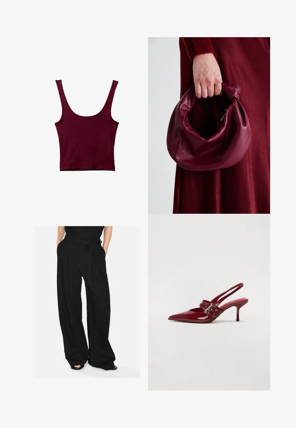 Burgundy linne med breda axelband, en rundad halsringning och en figurnära silhuett. Tillverkat av mjukt, stretchigt material med en slät yta.; Svarta byxor med vida ben tillverkade av ett lätt tyg. Har en åtsittande midja med ett knytbälte och framveck för extra detalj.; Röda patentläder slingback-hälar med spetsig tå, två spännen och en smal, medelhög stilettklack. Slät textur.; Burgundy läderhandväska med en mjuk, samlad design och rundad form. Handtaget är säkrat och visar en slät yta.