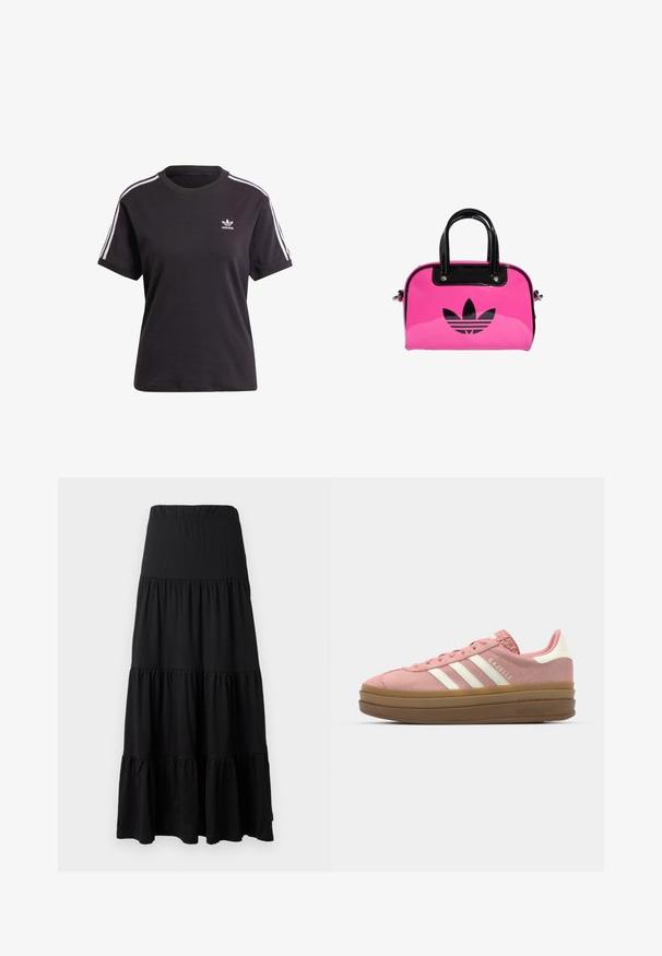 Črna bombažna kratkotrajna majica s kratkimi rokavi in okroglim izrezom, ki ima bele črte na ramenih in majhno belo Adidasovo logo na prsih.; Črna maxi krila iz mehkega blaga, s slojevitim dizajnom, elastičnim pasom in volančki na robu.; adidas Originals GAZELLE BOLD - Športni copati - mauve/off white; Roza patentna torbica z črnim logotipom in ročaji, zaokrožene oblike in z zadrgo. Sijajna tekstura povečuje vidljivost.