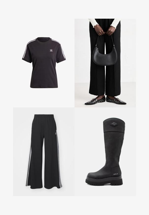 T-shirt preto de algodão de mangas curtas com gola redonda, apresentando riscas brancas nos ombros e um pequeno logotipo branco da Adidas no peito.; Calças de suor largas e pretas com uma cintura elástica, apresentando riscas brancas nas laterais e um logótipo bordado na coxa esquerda.; Bota de couro preta até ao joelho com sola robusta, logótipo "Replay" perto do calcanhar e na parte superior da frente, e faixa com a marca a correr na parte de trás.; Bolsa de ombro de couro preta com forma arredondada, acabamento brilhante e ferragens prateadas. Pessoa vestindo calças largas pretas e mocassins com tachas.